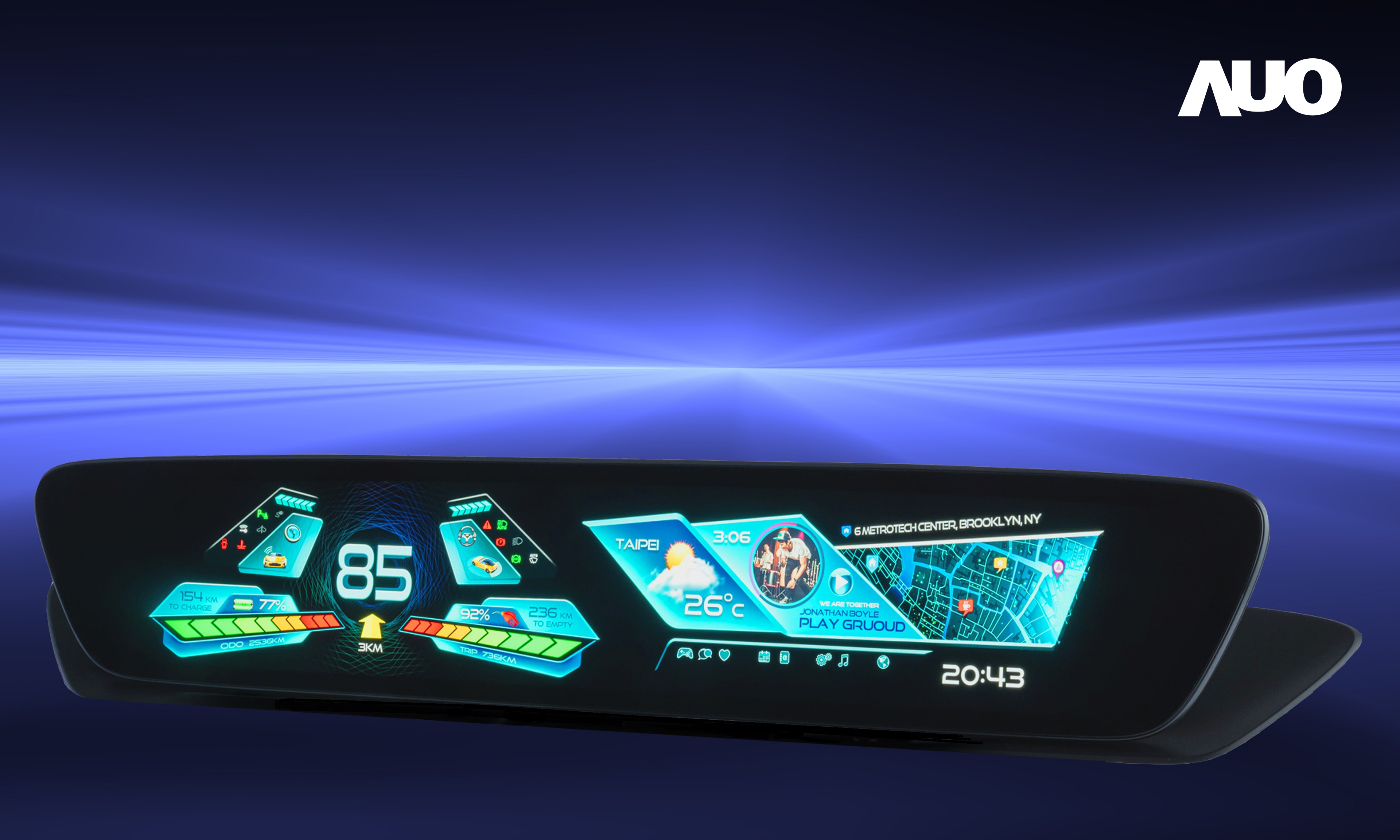 大发平台30.4吋異形曲面AmLED車載顯示系統，為一兼具儀表板及中控台人機介面的創新車載顯示系統，結合美學設計，提升車內科技沉浸感及使用體驗，讓車載顯示的未來應用更加多元化