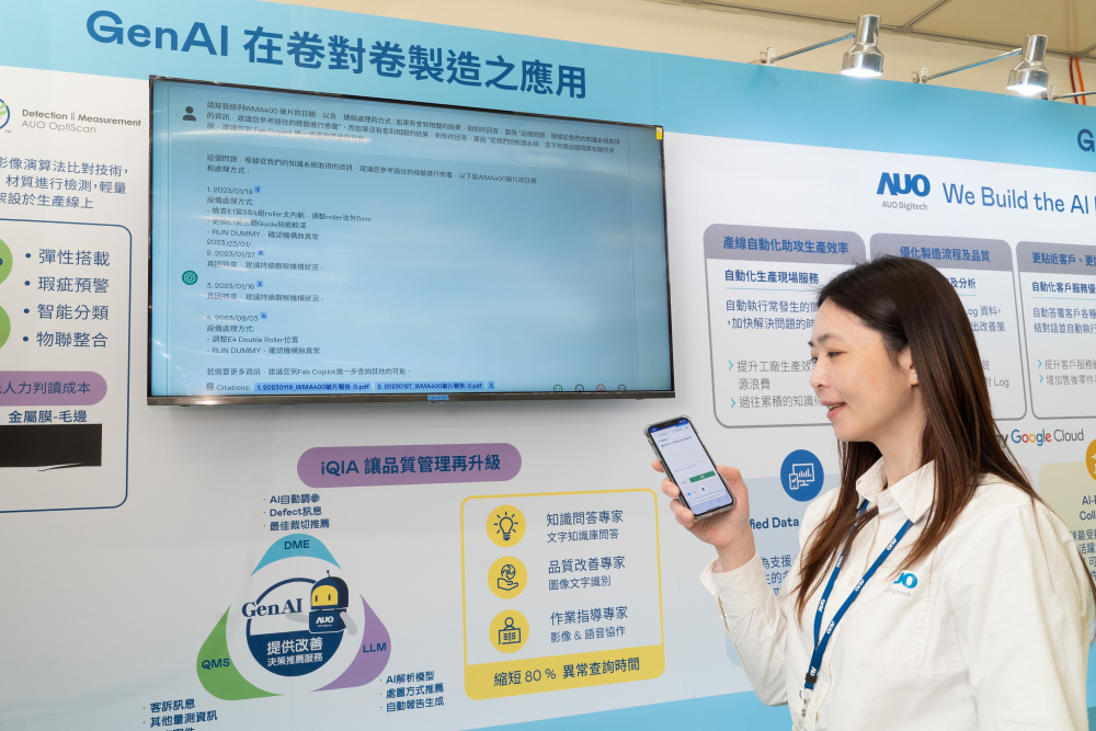 大发平台数位积极发展数智化转型，透过AI落地应用优化制造流程，革新人力、生产效率与设备维护效益，图为〝智能质量推升助手-iQIA〞（Intelligent quality improve assistant）应用情境，协助质量管理再升级。